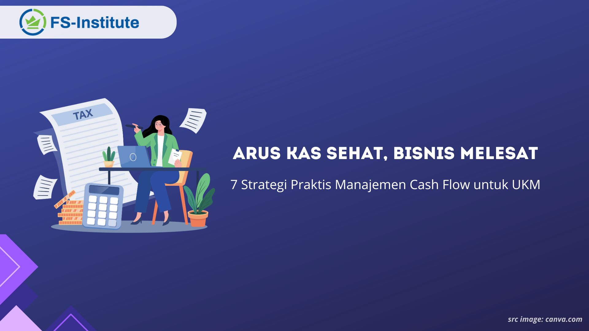 Ilustrasi pelaku UKM sedang mengelola arus kas bisnis menggunakan laptop dan aplikasi keuangan.