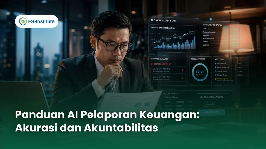 Ilustrasi tim finance menelaah laporan keuangan yang dibantu kecerdasan artifisial